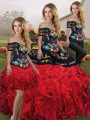 Red And Black Off The Shoulder Lace Up Embroidery and Ruffles Sweet 16 Dresses Sleeveless