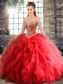 Comfortable Beading and Ruffles Quinceanera Dress Red Lace Up Sleeveless Floor Length