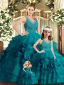 High Quality Sleeveless Organza Brush Train Backless Sweet 16 Dress in Teal with Ruffles