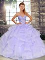 Sexy Lavender Ball Gown Prom Dress Military Ball and Sweet 16 and Quinceanera with Beading and Ruffles Sweetheart Sleeveless Lace Up
