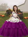 Wonderful Sleeveless Floor Length Embroidery and Ruffled Layers Lace Up Little Girls Pageant Gowns with Purple