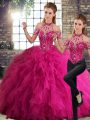 Dynamic Tulle Halter Top Sleeveless Lace Up Beading and Ruffles Sweet 16 Dresses in Fuchsia