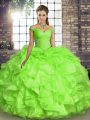 Low Price Yellow Green Ball Gowns Organza Off The Shoulder Sleeveless Beading and Ruffles Floor Length Lace Up Vestidos de Quinceanera