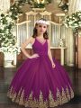 Purple Ball Gowns V-neck Sleeveless Tulle Floor Length Zipper Embroidery Child Pageant Dress