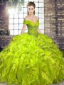 High Quality Olive Green Off The Shoulder Neckline Beading and Ruffles Sweet 16 Dresses Sleeveless Lace Up