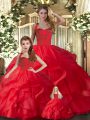Sleeveless Floor Length Ruffles Lace Up Sweet 16 Dress with Red