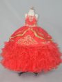 Sleeveless Lace Up Floor Length Embroidery and Ruffled Layers Kids Formal Wear