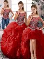 Flirting Red 15th Birthday Dress Sweet 16 and Quinceanera with Beading and Ruffles Scoop Sleeveless Zipper