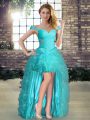 Wonderful A-line Prom Gown Aqua Blue Off The Shoulder Organza Sleeveless High Low Lace Up