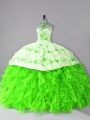 Organza Halter Top Sleeveless Court Train Lace Up Embroidery and Ruffles 15th Birthday Dress in