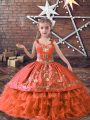 Satin and Organza Straps Sleeveless Lace Up Embroidery and Ruffled Layers Kids Formal Wear in Orange Red