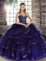Romantic Floor Length Purple Sweet 16 Dresses Tulle Sleeveless Beading and Ruffles