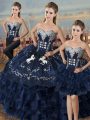 Amazing Navy Blue Ball Gowns Embroidery and Ruffles Sweet 16 Dresses Lace Up Satin and Organza Sleeveless High Low