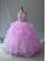 Organza Halter Top Sleeveless Backless Beading and Ruffles Quince Ball Gowns in Lilac