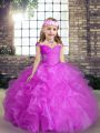 Custom Made Sleeveless Floor Length Beading and Ruffles Lace Up Little Girls Pageant Dress with Fuchsia