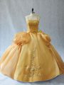Dramatic Floor Length Lace Up Sweet 16 Quinceanera Dress Gold for Sweet 16 and Quinceanera with Appliques