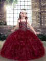High Class Straps Sleeveless Kids Pageant Dress Floor Length Beading and Ruffles Burgundy Organza