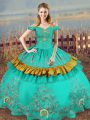 Ideal Turquoise Lace Up Off The Shoulder Embroidery Vestidos de Quinceanera Satin Sleeveless