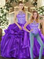 Purple Sleeveless Floor Length Beading and Ruffles Lace Up Sweet 16 Quinceanera Dress