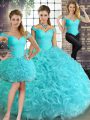 Sleeveless Floor Length Beading Lace Up 15 Quinceanera Dress with Aqua Blue
