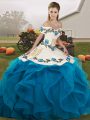 Sleeveless Floor Length Embroidery and Ruffles Lace Up Quinceanera Dress with Blue And White