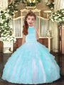 Aqua Blue Sleeveless Tulle Backless Little Girl Pageant Dress for Party and Sweet 16 and Wedding Party