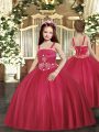 Wonderful Red Ball Gowns Beading Little Girls Pageant Gowns Lace Up Tulle Sleeveless Floor Length