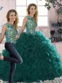 Nice Sleeveless Floor Length Beading and Ruffles Lace Up Quinceanera Dresses with Peacock Green