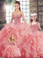 Popular Sleeveless Tulle Brush Train Lace Up Ball Gown Prom Dress in Watermelon Red with Beading and Ruffles