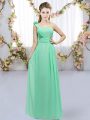 Fantastic Turquoise Empire One Shoulder Sleeveless Chiffon Floor Length Lace Up Hand Made Flower Vestidos de Damas