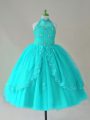 Floor Length Lace Up Little Girls Pageant Gowns Aqua Blue for Wedding Party with Beading and Appliques