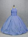 Deluxe Blue Satin Zipper Quinceanera Dress Sleeveless Floor Length Embroidery