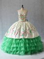 Most Popular Floor Length Lace Up 15 Quinceanera Dress Apple Green for Sweet 16 and Quinceanera with Embroidery and Ruffled Layers