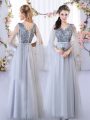 Luxurious Grey Empire Tulle V-neck Sleeveless Appliques Floor Length Lace Up Quinceanera Dama Dress