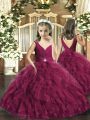 Burgundy Ball Gowns Tulle Sleeveless Beading and Ruffles Floor Length Backless Pageant Gowns For Girls