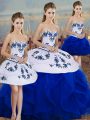 Floor Length Royal Blue Quince Ball Gowns Tulle Sleeveless Embroidery and Ruffles and Bowknot