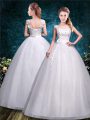 High Class White Ball Gowns Tulle Straps Sleeveless Lace and Hand Made Flower Floor Length Lace Up Bridal Gown