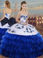 Royal Blue Organza Lace Up Sweetheart Sleeveless Floor Length Sweet 16 Quinceanera Dress Embroidery and Ruffled Layers and Bowknot