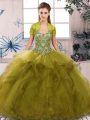 Sweet Olive Green Sleeveless Floor Length Beading and Ruffles Lace Up Quinceanera Gowns