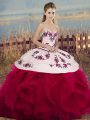 Floor Length White And Red Quinceanera Gown Tulle Sleeveless Embroidery and Ruffles and Bowknot