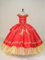 Red Satin and Organza Lace Up Off The Shoulder Sleeveless Floor Length Quinceanera Dress Embroidery