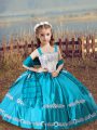 Straps Sleeveless Girls Pageant Dresses Floor Length Beading and Embroidery Teal Satin