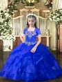 Royal Blue Tulle Lace Up Straps Sleeveless Floor Length Little Girl Pageant Gowns Beading and Ruffles