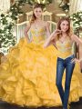Discount Floor Length Lace Up Quinceanera Gowns Gold for Sweet 16 and Quinceanera with Beading and Ruffles