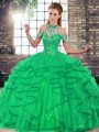 Best Sleeveless Floor Length Beading and Ruffles Lace Up Quinceanera Gown with Green