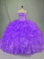 Modest Sleeveless Organza Floor Length Lace Up 15 Quinceanera Dress in Purple with Beading and Ruffles