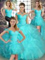 Custom Fit Floor Length Aqua Blue Quinceanera Gown Off The Shoulder Sleeveless Lace Up
