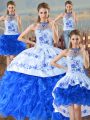 Halter Top Sleeveless Lace Up 15 Quinceanera Dress Blue And White Organza