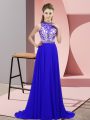 High Quality Blue Chiffon Backless Dress for Prom Sleeveless Brush Train Beading