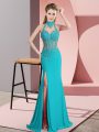 Dramatic Aqua Blue Sleeveless Chiffon Backless Prom Dresses for Prom and Party and Military Ball